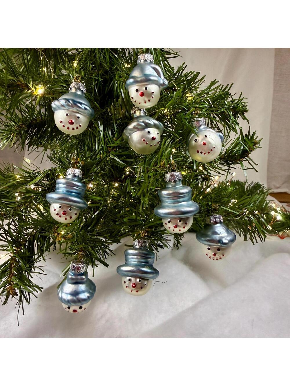 Snowmen Faces - Small Blown Glass Ornaments - Set of 9